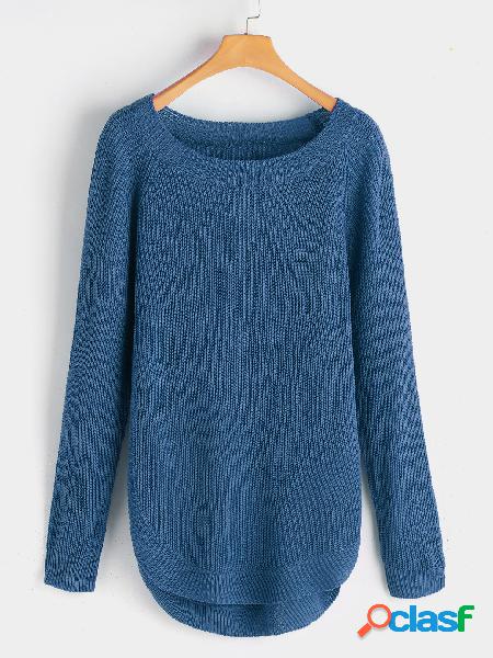 Blue Slit Design Plain Curve Hem Crew Neck Long Sleeves