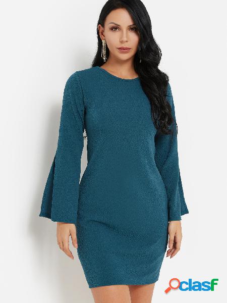 Blue Slit Design Plain Round Neck slit Sleeves Dress