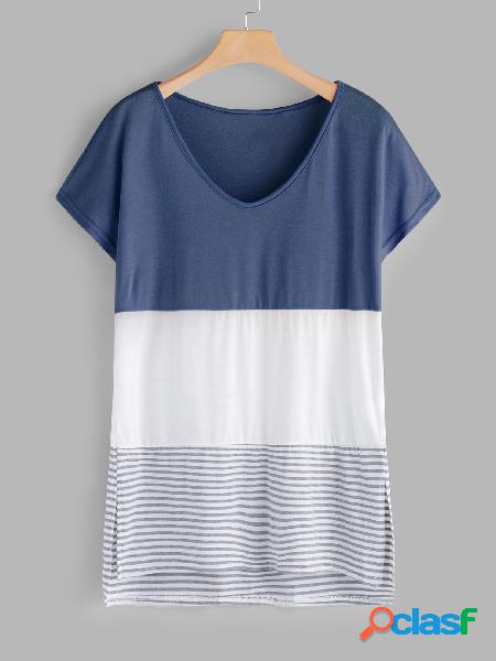 Blue Slit Design Stripe Crew Neck Short Sleeves T-shirt
