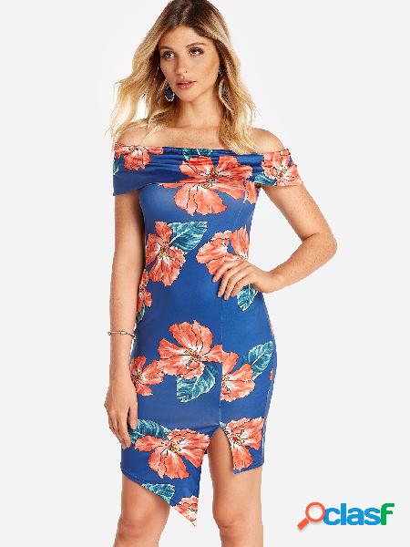 Blue Slit Hem Floral Print Off The Shoulder Frill Neck Short