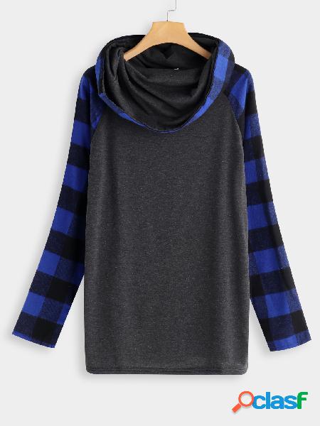 Blue Stitching Design Grid Piles Collar Long Sleeves