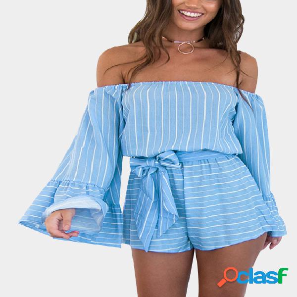 Blue Stripe Off Shoulder Playsuit With Flare Sleeves