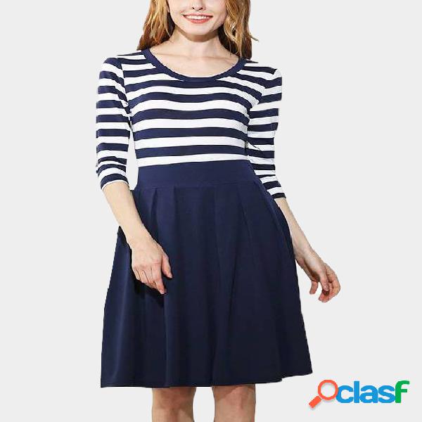 Blue Stripe Pattern Round Neck Long Sleeves Midi Dress