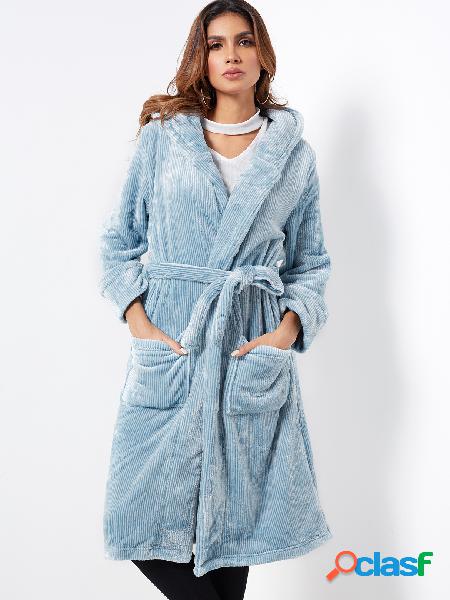 Blue Stripe Pocket Front Long Sleeves Fleece Hooded Robe
