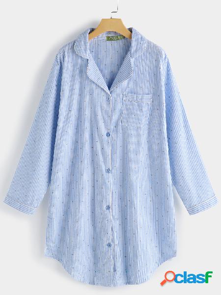 Blue Stripe Polka Dot Button Up Curved Hem Night Dress