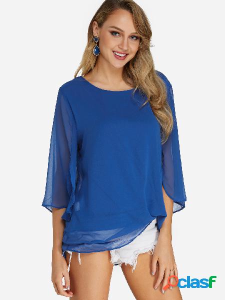 Blue Tiered Round Neck See Through Design 3/4 Length Sleeves