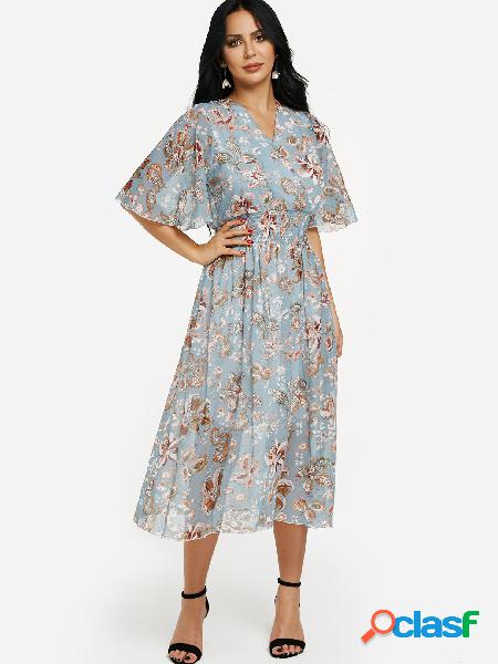 Blue Wrap V-neck Smocked Ruched Waist Chiffon Floral Maxi