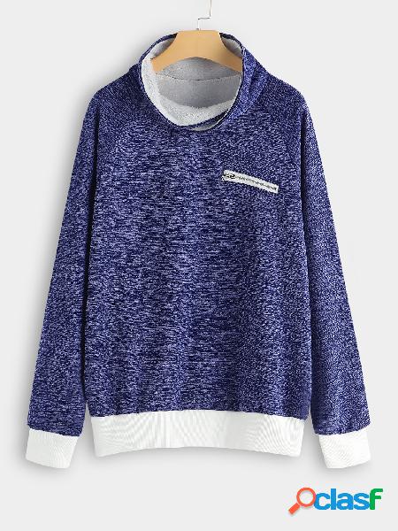 Blue Zip Design Plain Turtleneck Long Sleeves Sweatshirts
