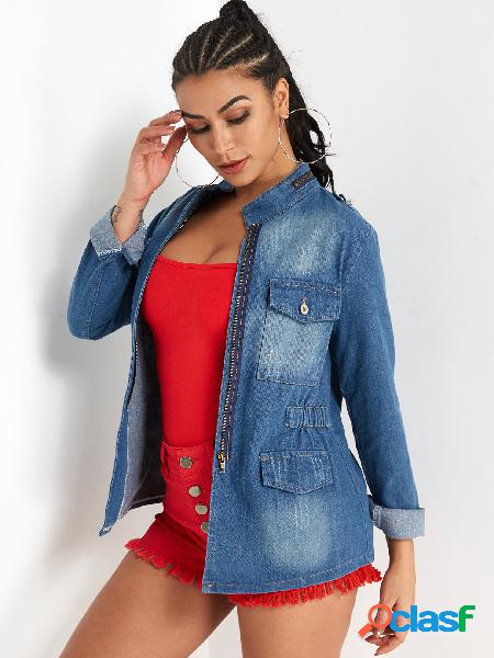 Blue Zip Front Stand Collar Ripped Denim Jacket