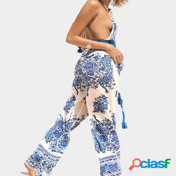 Bohemian Peacock Print Plunging Neck Jumpsuit with Open Back