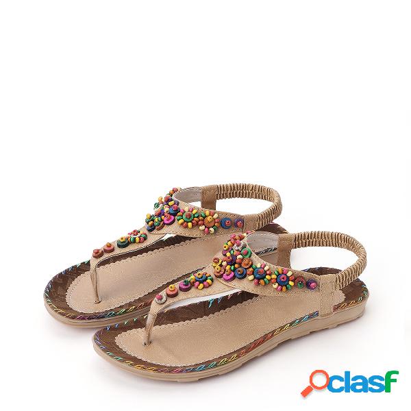 Brown Boho Style Bead Embellishment Flat Sandals