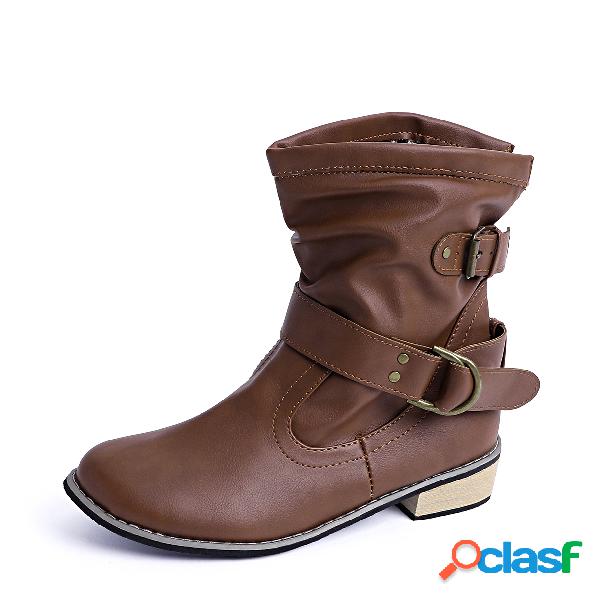 Brown Buckle Design Round Toe Short Boots