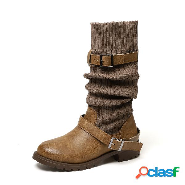 Brown Buckle Detail Mid-Calf Knitted Boots