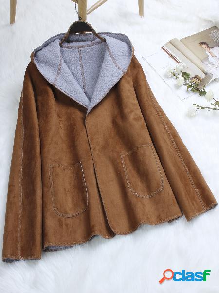 Brown Hooded Design Plain Lapel Collar Long Sleeves Coat