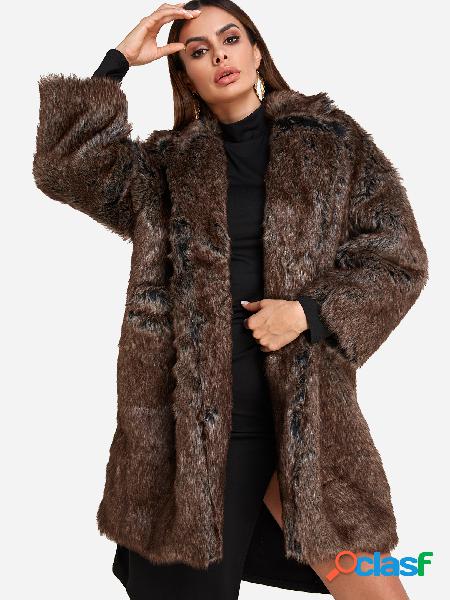 Brown Lapel Collar Longline Faux Fur Coat