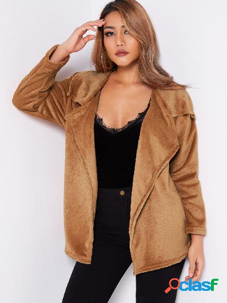 Brown Open Front Design Lapel Collar Long Sleeves Trench