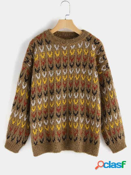 Brown Round Neck Lantern Sleeves Color Mixture Sweater