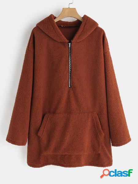 Brown Zipper Design Plain Long Sleeves Hoodie