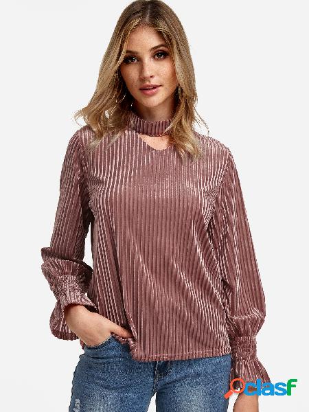 Burgundy Button Keyhole Design Stripe Halter Long Sleeves