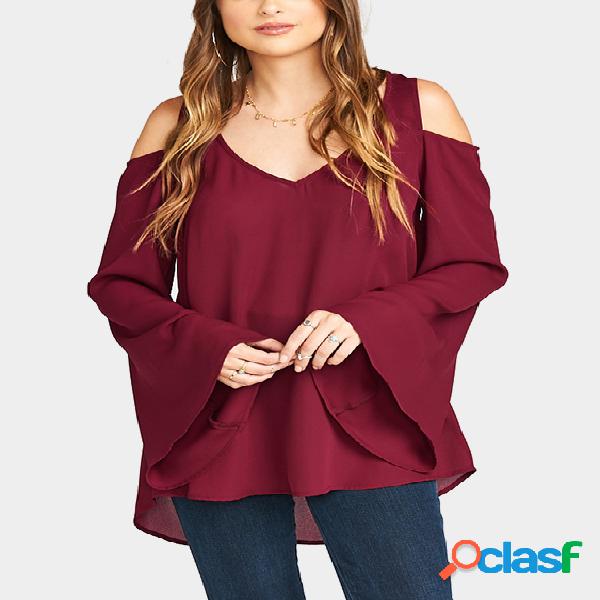 Burgundy Chiffon Blouses With Cold Shoulder