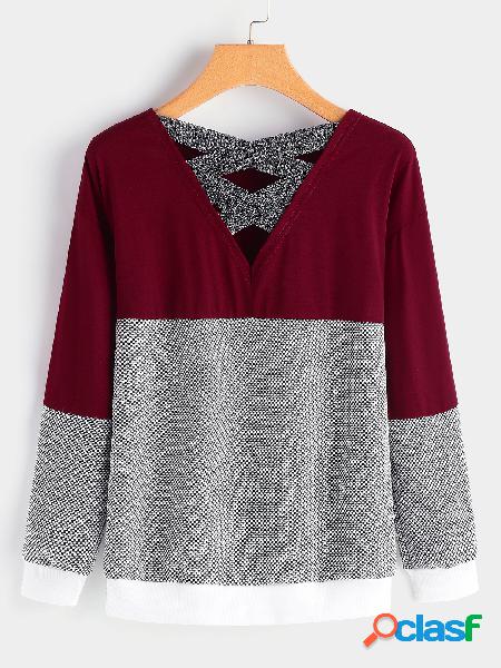 Burgundy Crossed Front Design Plain V-neck Long Sleeves