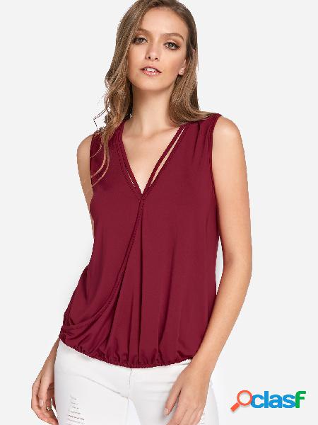 Burgundy Crossed Front Design Plain V-neck Sleeveless Tank