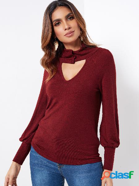 Burgundy Cut Out High Neck Long Sleeves Top