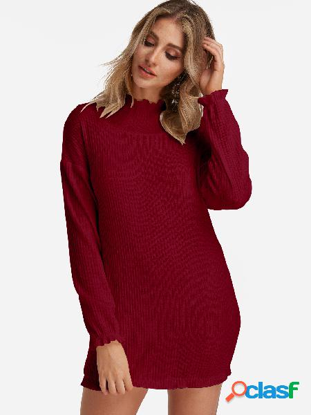 Burgundy Flared Design High Neck Long Sleeves Mini Dress