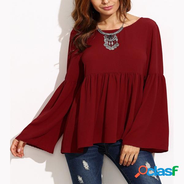 Burgundy Flared Long Sleeves Pleated Loose Blouse