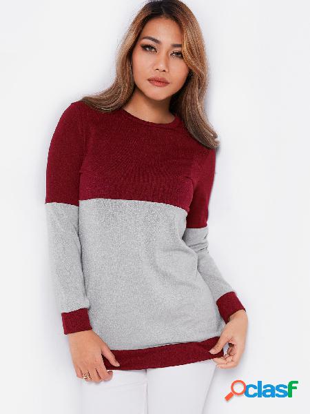 Burgundy & Grey Color Block Round Neck Long Sleeves T-shirt