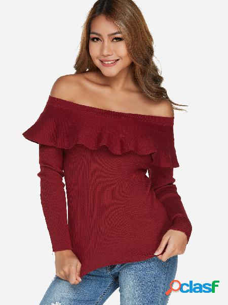 Burgundy Off-the-shoulder Overlay Plain Bateau Long Sleeves