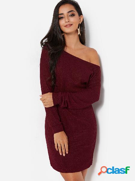 Burgundy One Shoulder Long Sleeves Knitted Sweater Dress