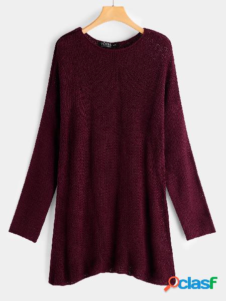 Burgundy Plain Round Neck Long Sleeves Loose Fit Sweaters