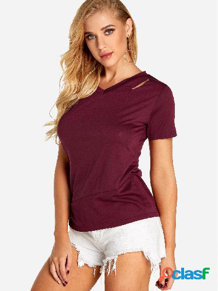 Burgundy Pleated Design V-neck Short Sleeves T-shirt with