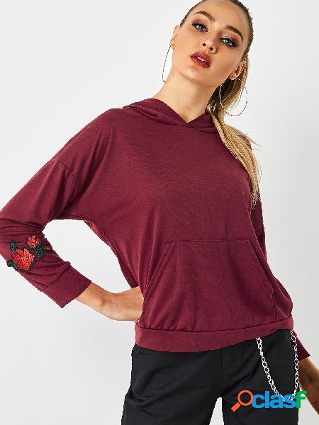 Burgundy Pullover One Pocket Embroidered Hoodie Sweatshirt