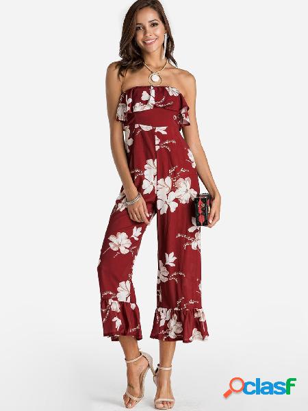 Burgundy Random Floral Print Off Shoulder Sleeveless