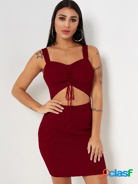 Burgundy Spaghetti Sleeveless Cut-out Design Elastic Strap