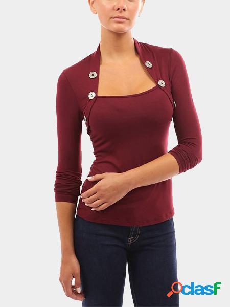 Burgundy Stand Collar Long Sleeves Top with Button Details