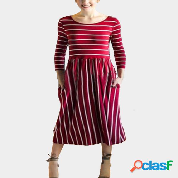 Burgundy Stripe Round Neck Pleated Hem Bodycon Midi Dress