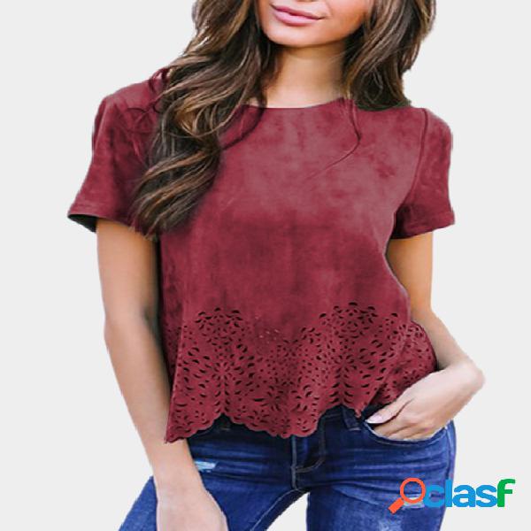 Burgundy Suede Hollow Out Short Sleeves T-shirt