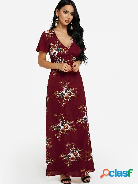 Burgundy V-neck Cinched Waist Floral Maxi Dress