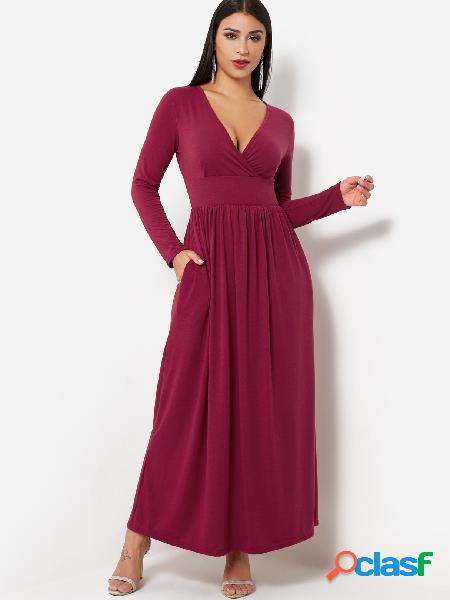 Burgundy V-neck Long Sleeved Evening Maxi Dress