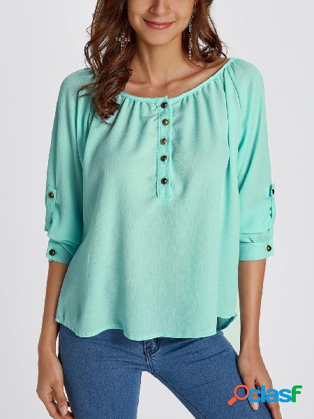 Button Design Plain Round Neck Long Sleeves Blouse