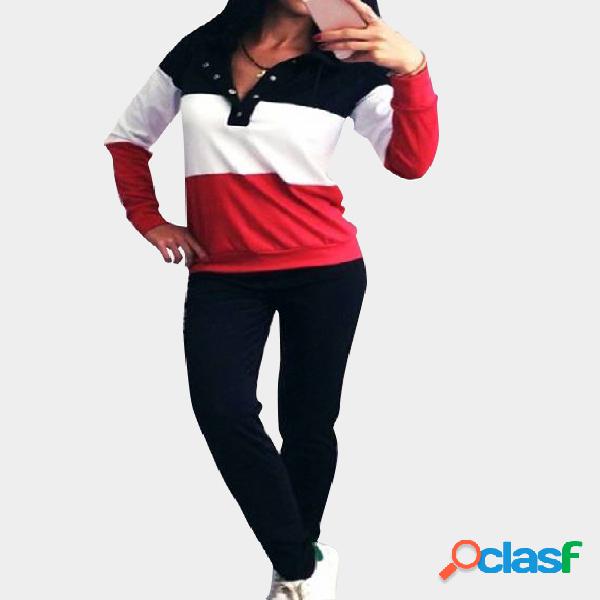 Button Front V-neck Long Sleeves Hooded Tracksuit