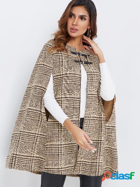 Camel Cut Out Design Grid Pattern Sleeveless Cape