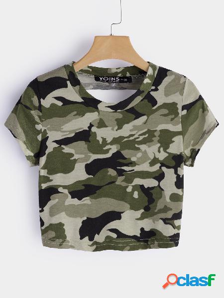 Camo Cut Out Camouflage Round Neck Short Sleeves Crop Top