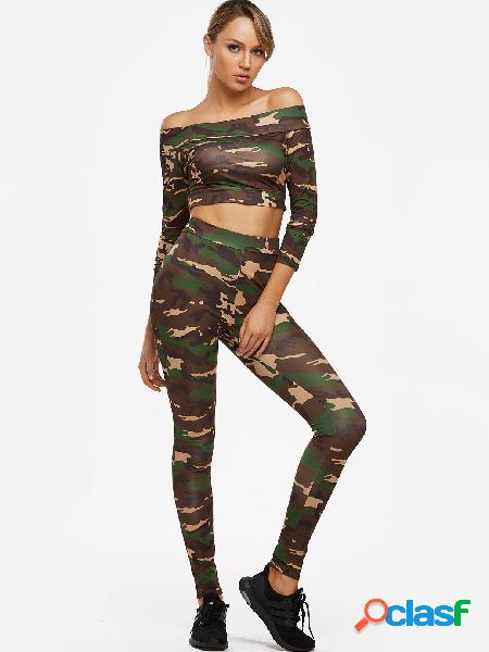 Camo Off The Shoulder Long Sleeves Two Piece Outfits