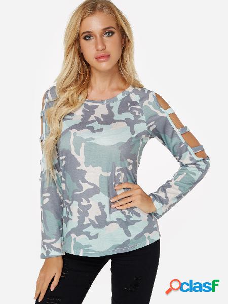 Camo Side Cut Out Cold Shoulder Long Sleeves Top