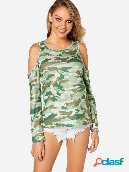 Camouflage Cold Shoulder Long Sleeves T-shirt