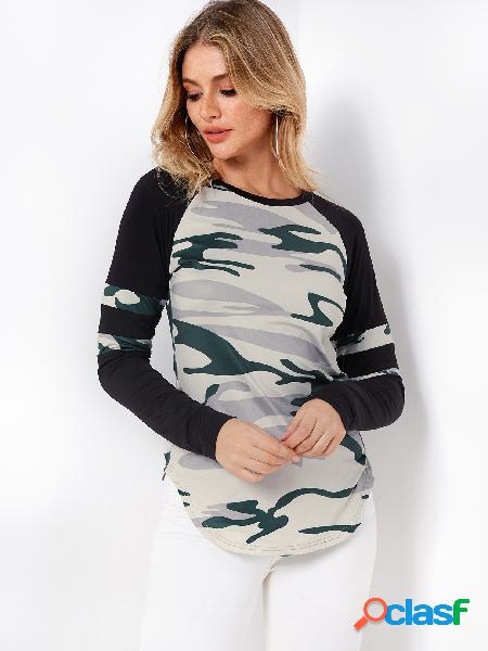 Camouflage Color Block Round Neck Long Sleeves Curve Hem